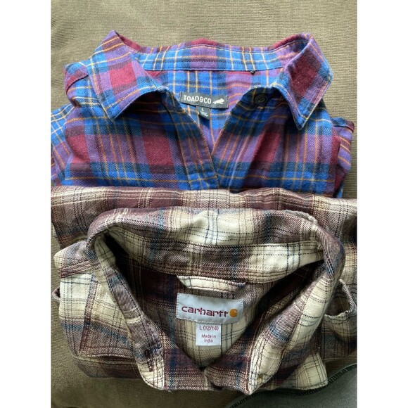 Carhartt ~ Toad & Co. Lot of 2 Flannel Shirts Women’s Large Cotton Purple Brown - Picture 1 of 16